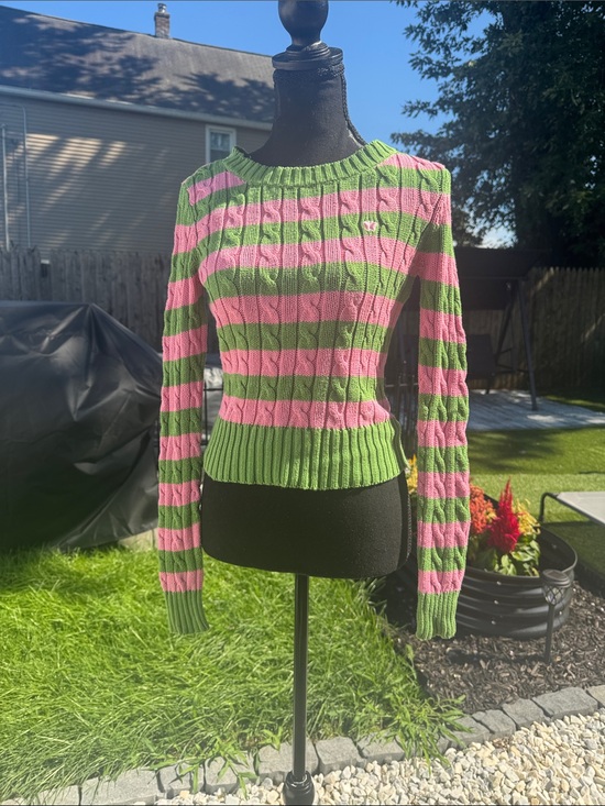 Aeropostale Sweaters - Aero Striped Cable-Knit Scoop Neck Sweater - Pink & Green